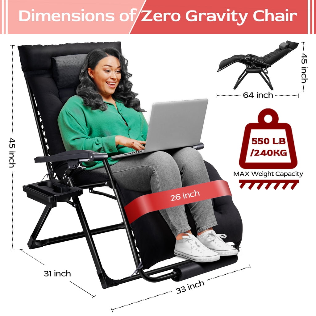 Zero Gravity Chair,VECUKTY Patio Lawn for Indoor and Outdoor Chairs ,550lbs Oversized XL 33IN Ergonomic Lounge Folding Reclining Chair,Black