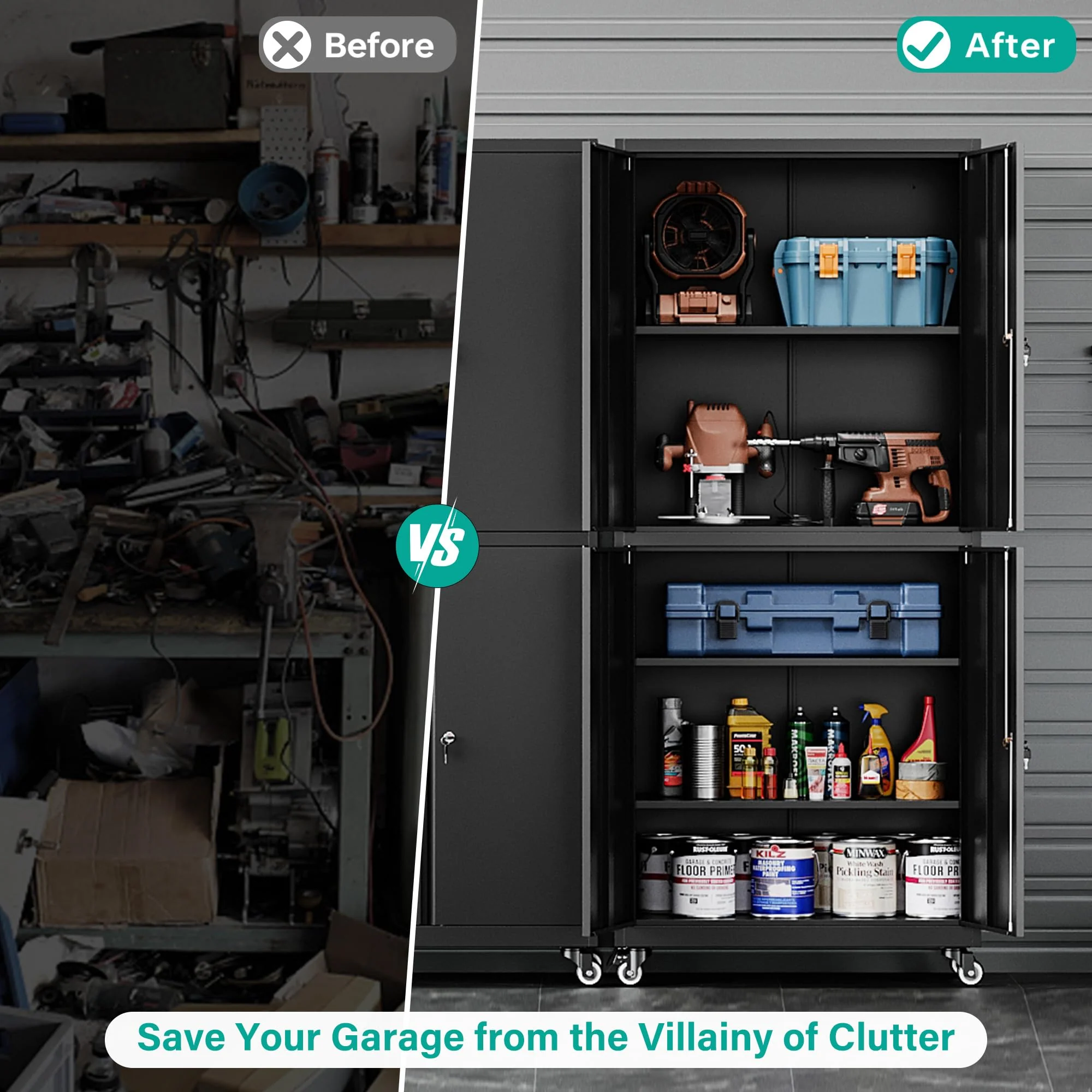 SISESOL Metal Storage Cabinet with Wheels,Rolling Garage Storage Cabinet with Lock,Black Metal Cabinet with Shelves,Tool Cabinet,Tall Storage Cabinet on Wheels for Garage,Home,Office,Shop