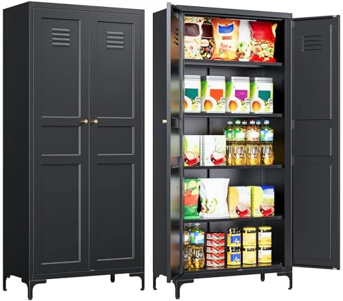 Metal Storage Cabinet with Doors and Shelves,Metal Pantry Cabinet,Black Craft Storage Cabinet,Ventilated Pantry Storage Cabinet,Tall Large Closet Cupboard for Home,Kitchen,Dining/Living/Laundry Room
