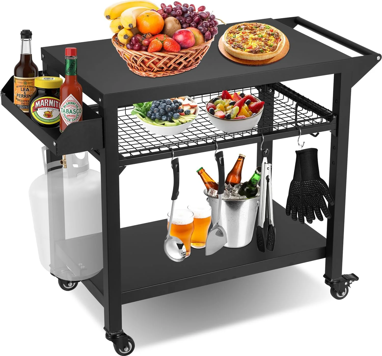 Outdoor Grill Cart - Pizza Oven Stand Table with Wheels