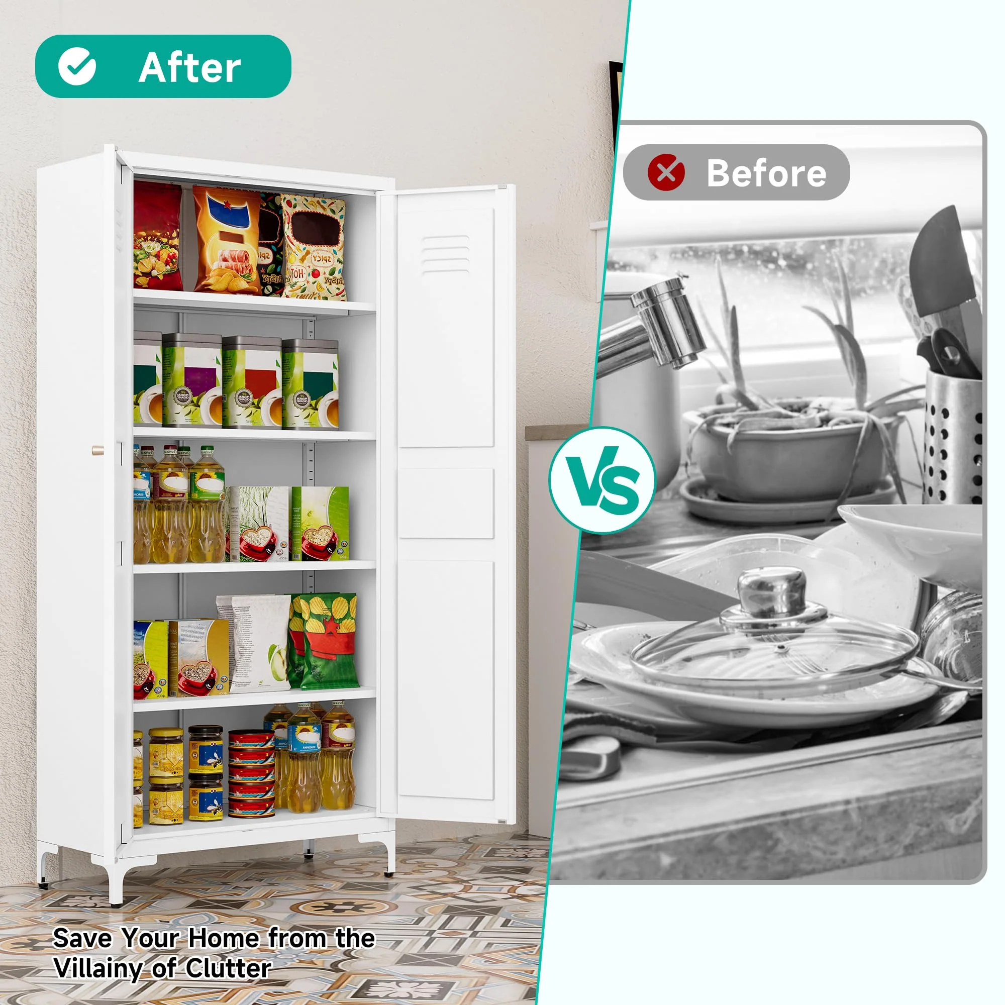 Metal Storage Cabinet with Doors and Shelves,White Storage Cabinet,Food Pantry Storage Cabinet,5 Tier Metal Pantry Cabinet,Tall Large Closet Cupboard for Home,Kitchen,Dining/Living/Laundry Room