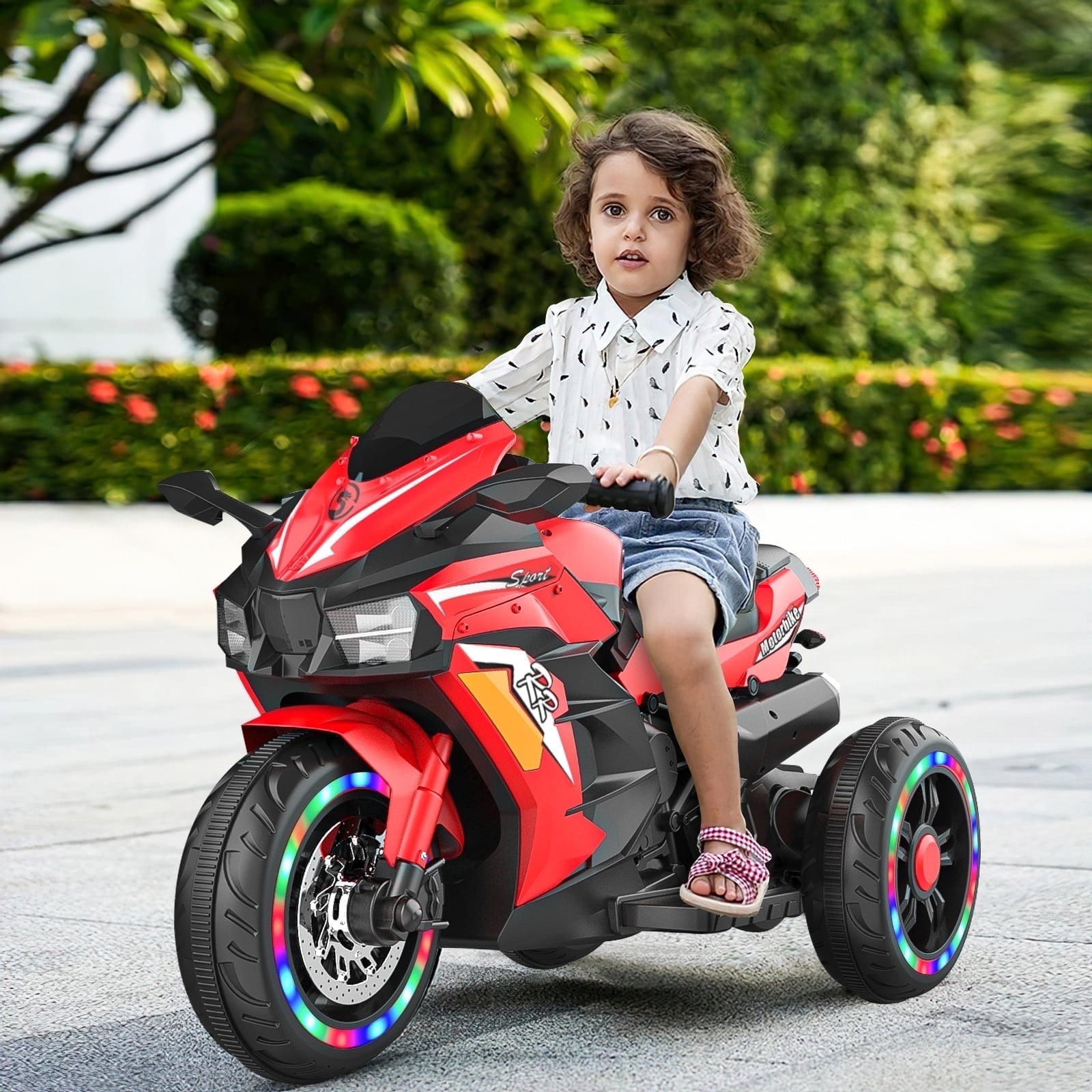 HNH Kids Motorcycle for Kids 3+, 12V Battery Powered Electric Motorbike, 3 Wheels Ride on Toys with LED Lights, Bluetooth Music