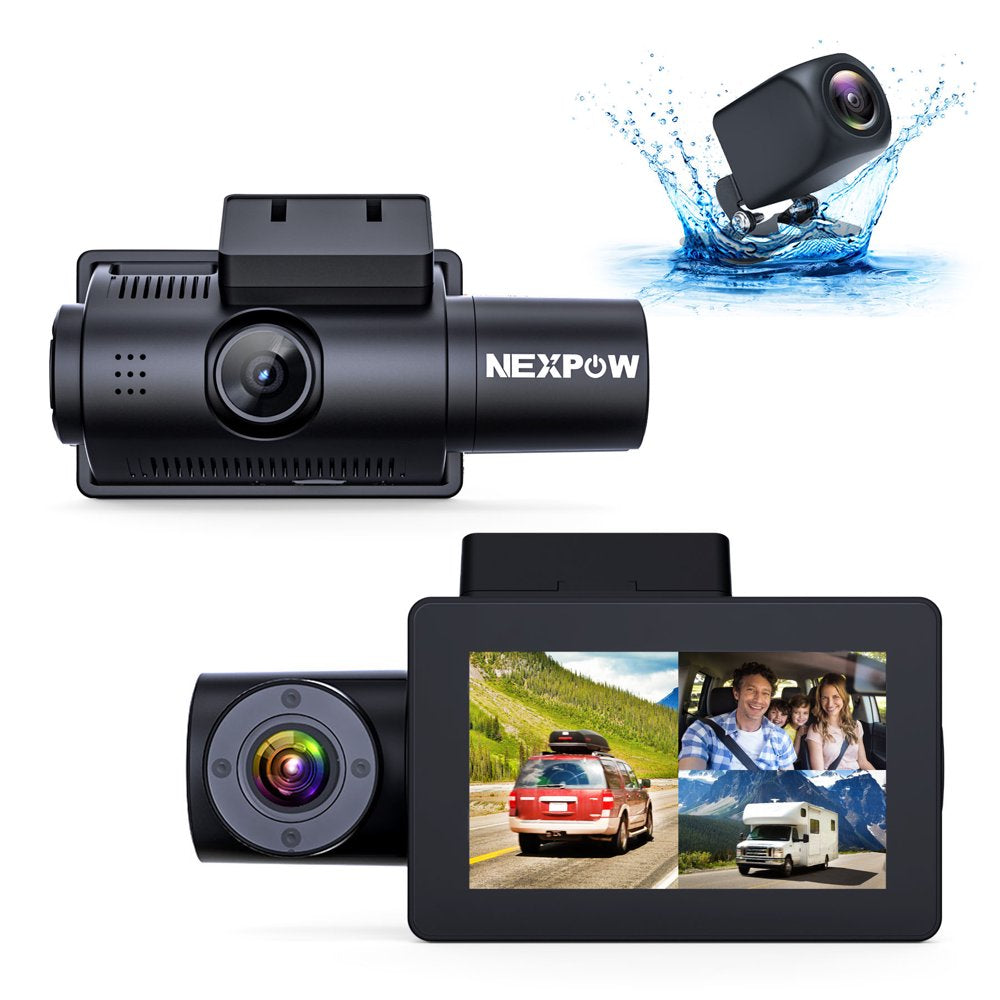 Nexpow DC305V 4K Triple Channel Dash Cam with 3′′ LCD, Front and Rear Cameras, 24-Hour Parking Mode