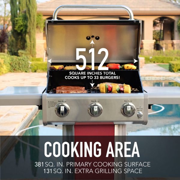 3-Burner Outdoor BBQ Propane Gas Grill with Foldable Sides, Red
