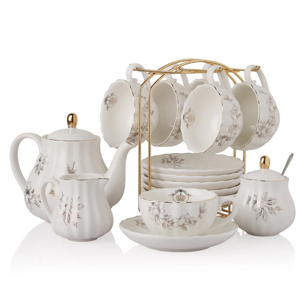 SWEEJAR Porcelain Tea Sets British Royal Series,Cups& Saucer with Teapot Sugar Bowl Cream Pitcher Teaspoons and Tea Strainer,Suitable for High Tea, Wedding, Party,Morning Glory Flower