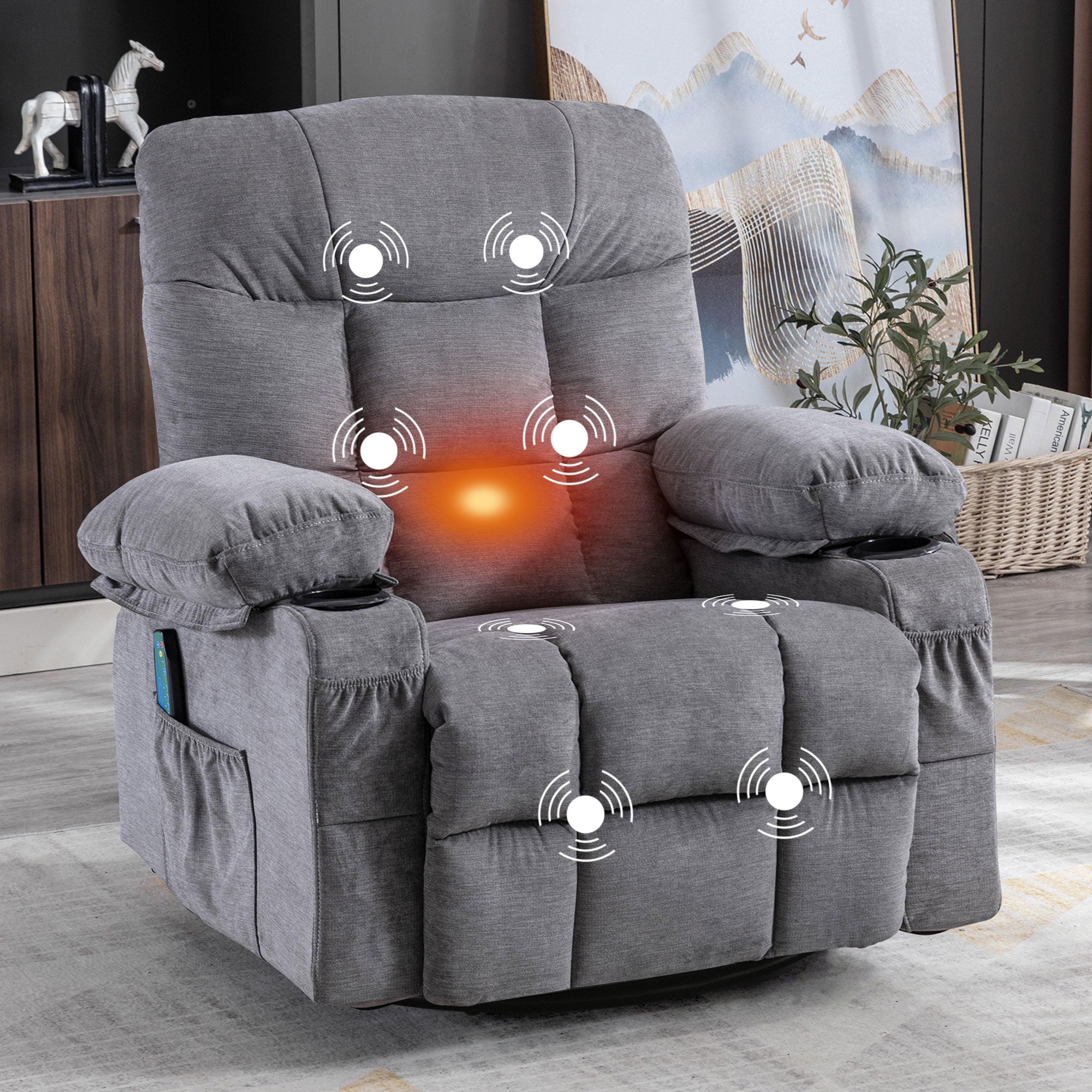 JONPONY Manual Recliner Chair with Heat Therapy and Massage Function, Heavy Duty Reclining Mechanism Massage Chair, Elderly Single Rocker Sofa with Cup Holders for Bedroom Home Theater,Grey