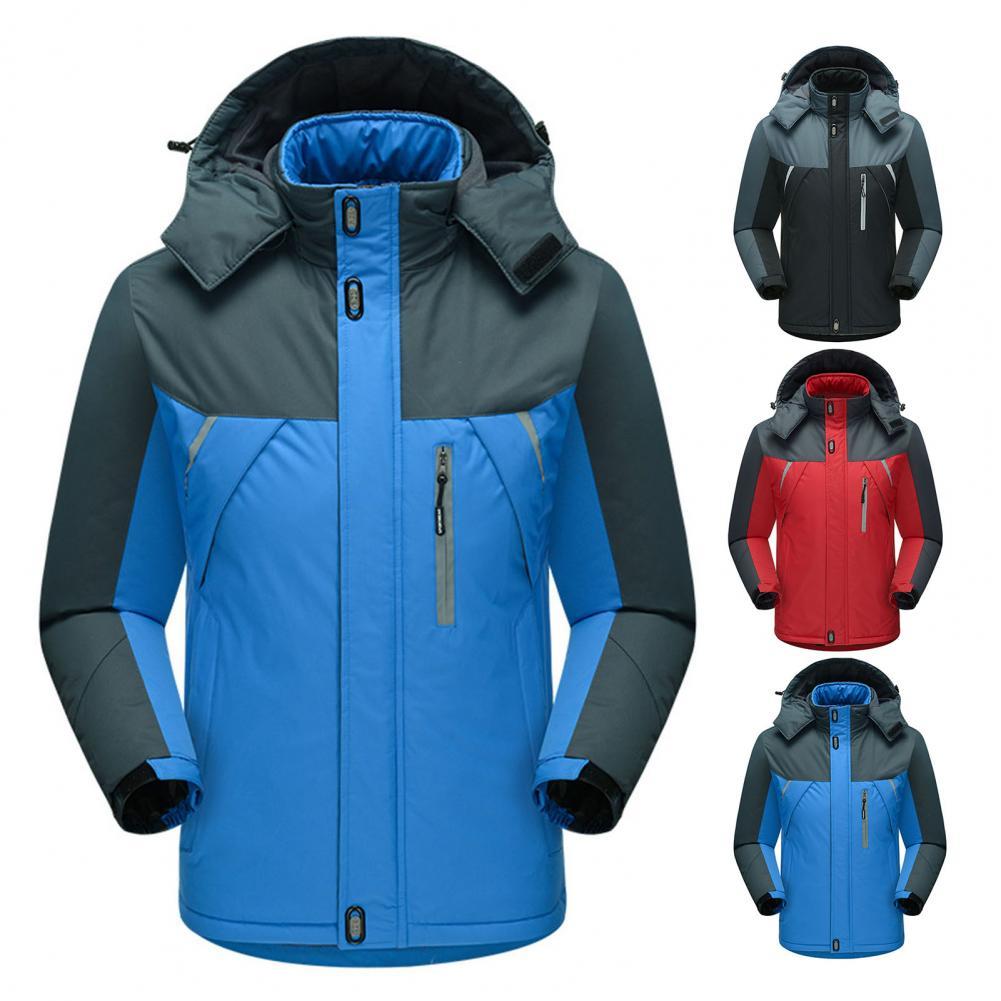 Outdoor Vintage Thick Jacket Coat Men Contrast Colors Hooded Windproof Reflective Stripe Down Coat Waterproof Pockets Hat Jacket