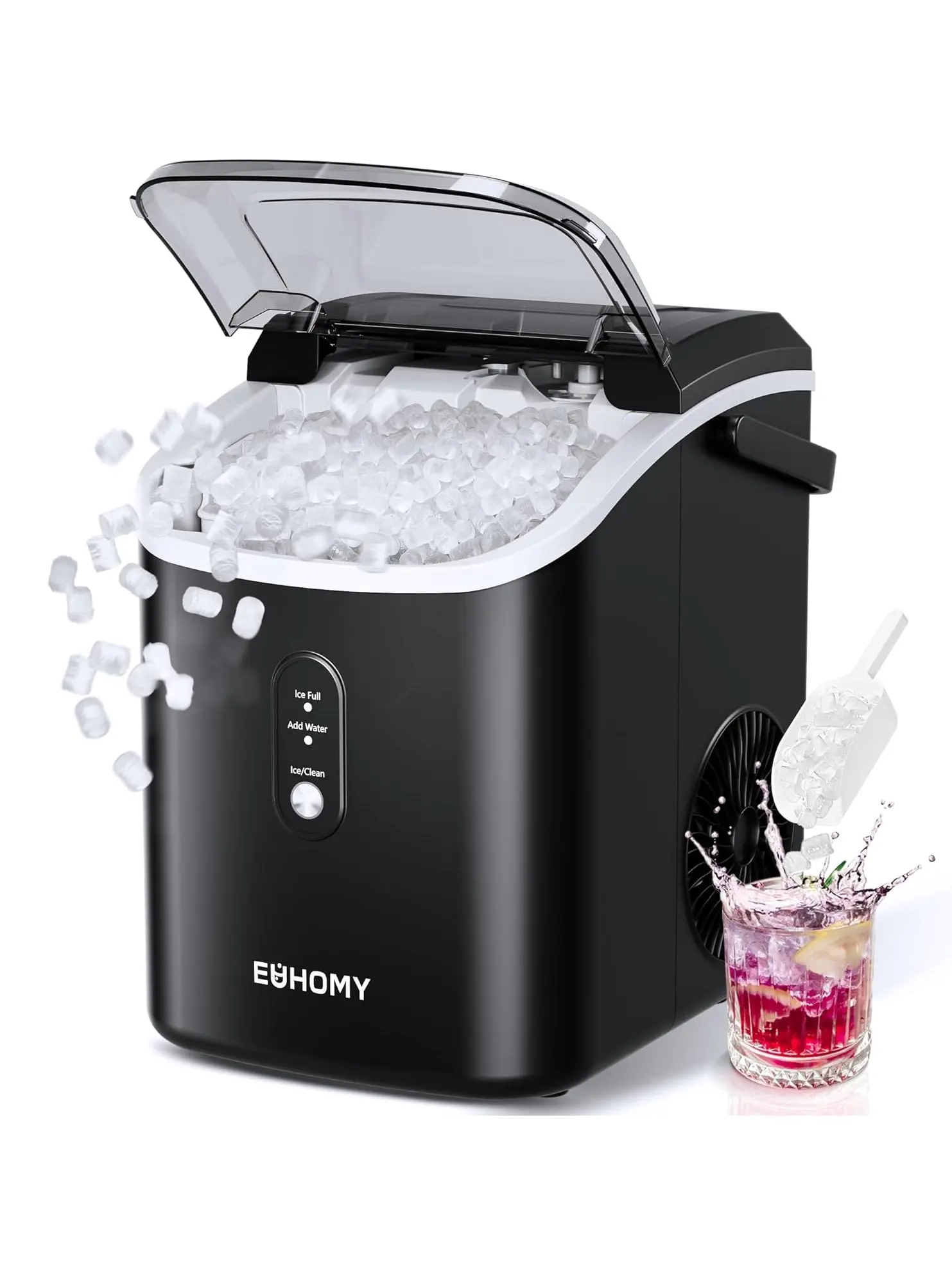 EUHOMY Nugget Ice Maker Countertop with Handle, Ready in 6 Mins, 34lbs/24H, Removable Top Cover, Auto-Cleaning, Portable Sonic Ice Maker with Basket and Scoop, for Home/Party/RV/Camping. (Black)