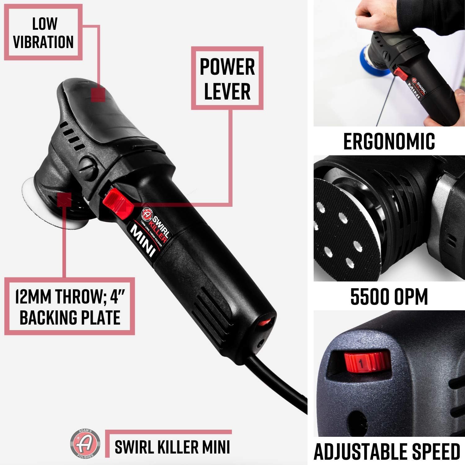 Adam’s Swirl Killer MINI 12mm LT Car Polisher Kit, Compact Orbital Buffer for Paint Correction, Aluminum, Corded Electric