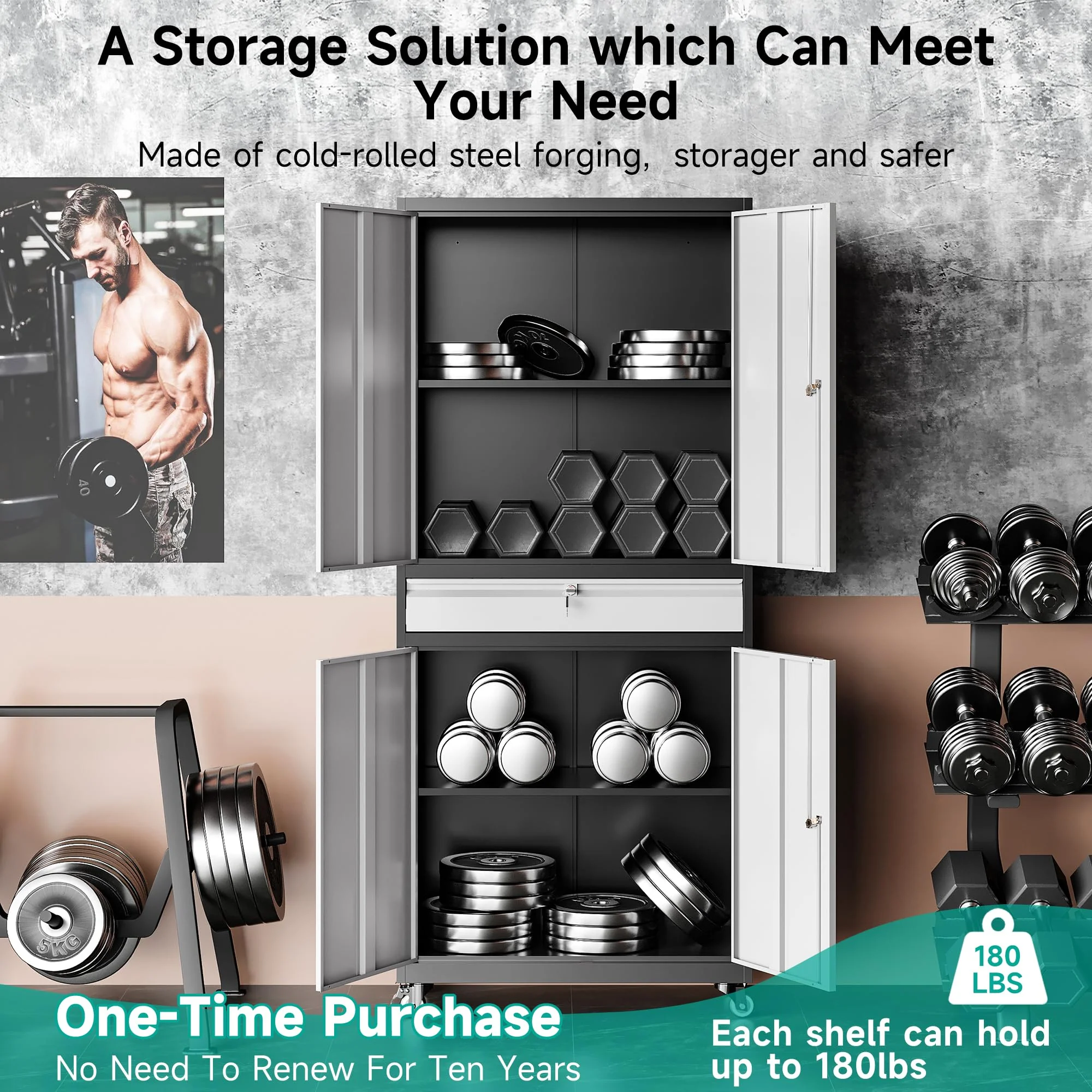 Metal Garage Storage Cabinet with 4 Wheels and 1 Drawer,Gray Rolling Garage Cabinet with Locking Doors and Adjustable Shelves,73