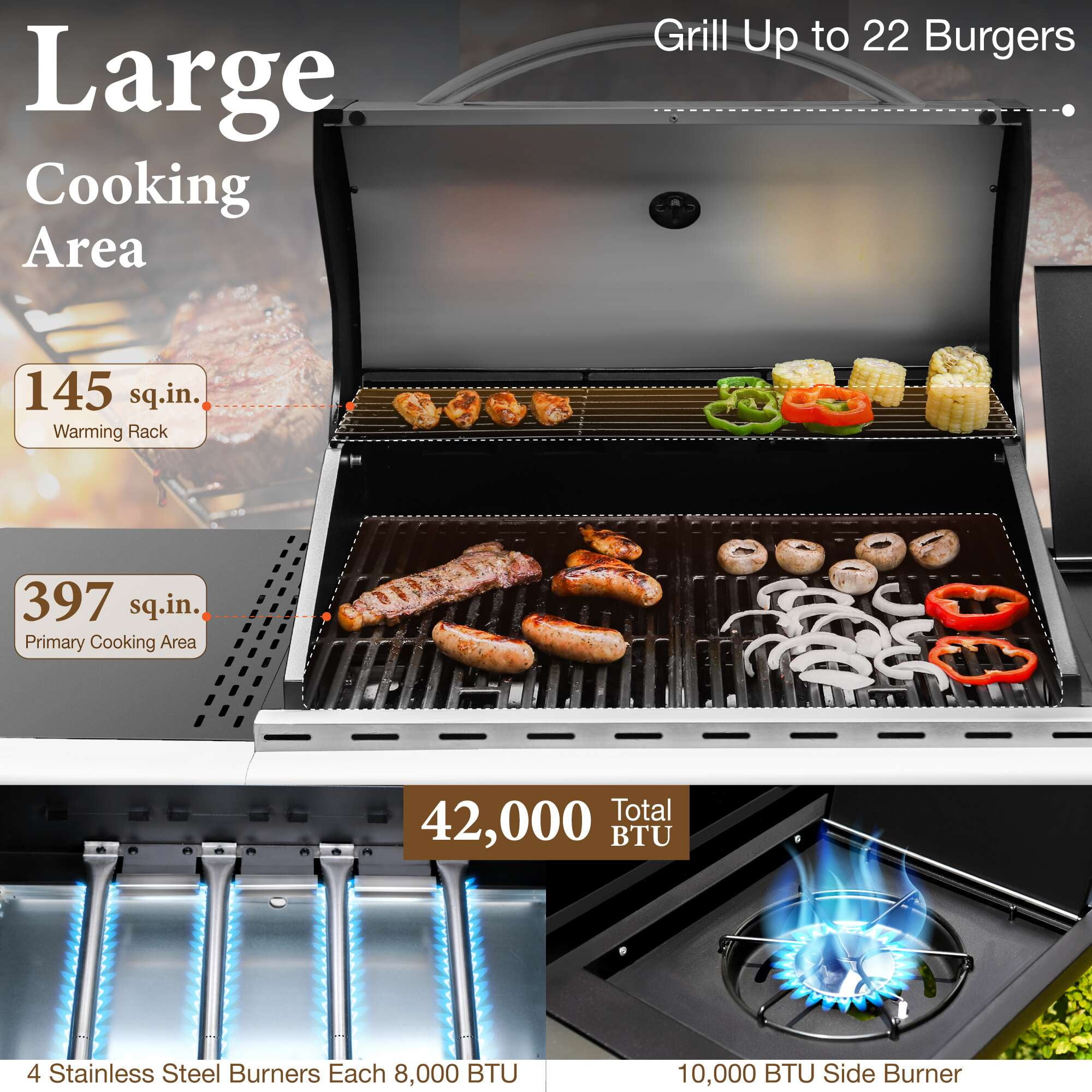 Summit Living 4 Burner Propane Gas Grill with Side Burner Stainless Steel