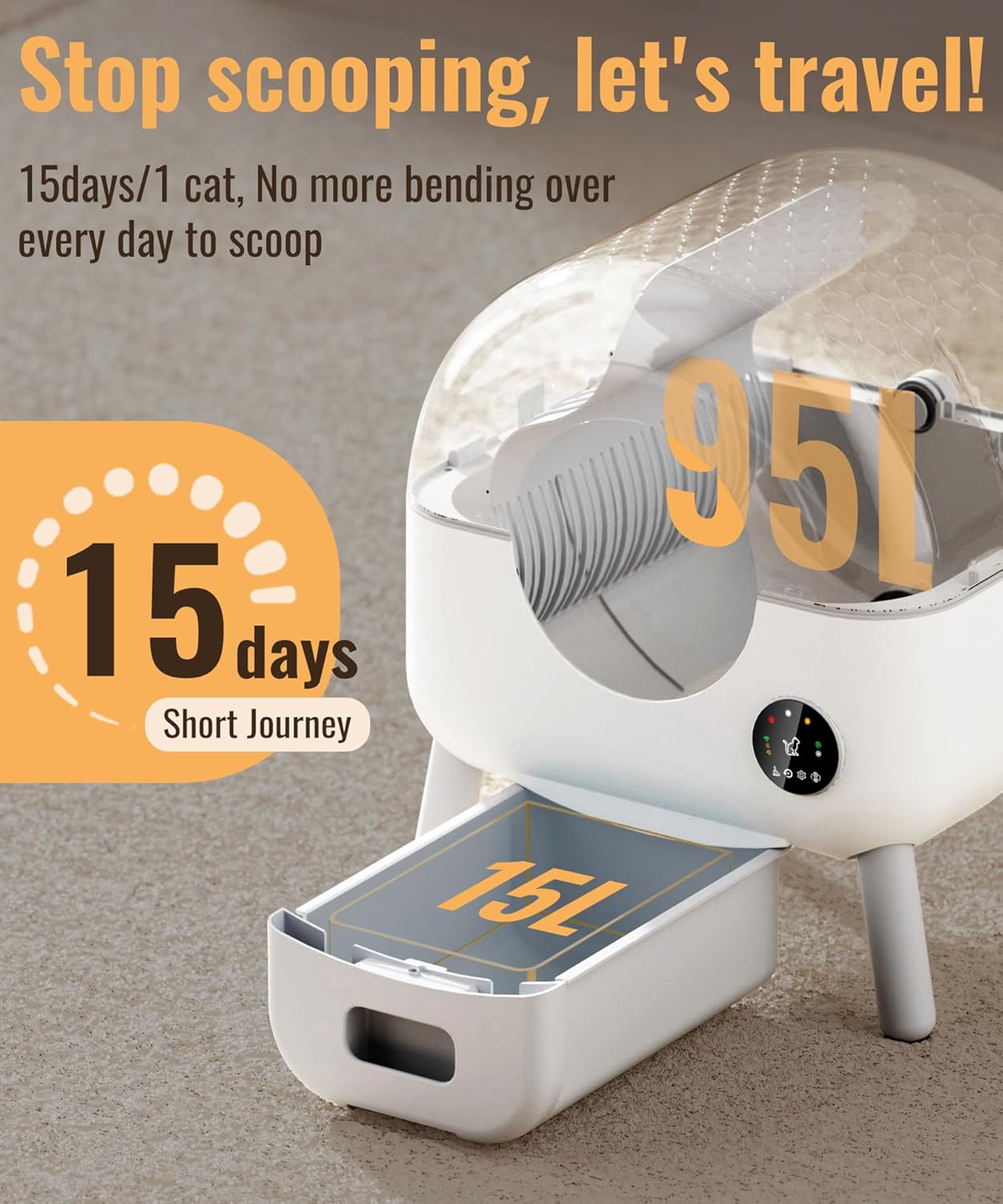 Self Cleaning Litter Box -110L Automatic Cat Litter Box Self Cleaning, All Litter Can Use, with 1 Roll Garbage Bags and Mat, App Control, Big Grey.