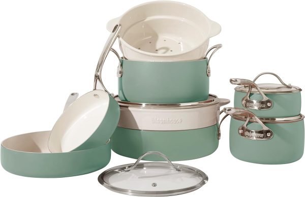 12 Piece Aluminum Pots and Pans Cookware Set w/Non-toxic Ceramic Non-stick, Ceramic Steamer Insert, 12 Protective Care Bags Sage Green