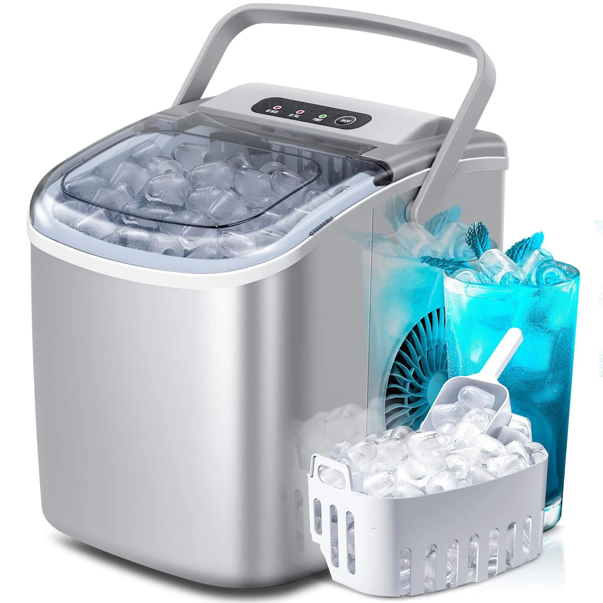 Crzoe Countertop Ice Maker Machine with Handle, 9 Bullet-Shaped Ice Cubes Ready in 6 Mins, 26Lbs/24H, Self-Cleaning Function with Ice Scoop and Basket for Home/Kitchen/Party (Grey)
