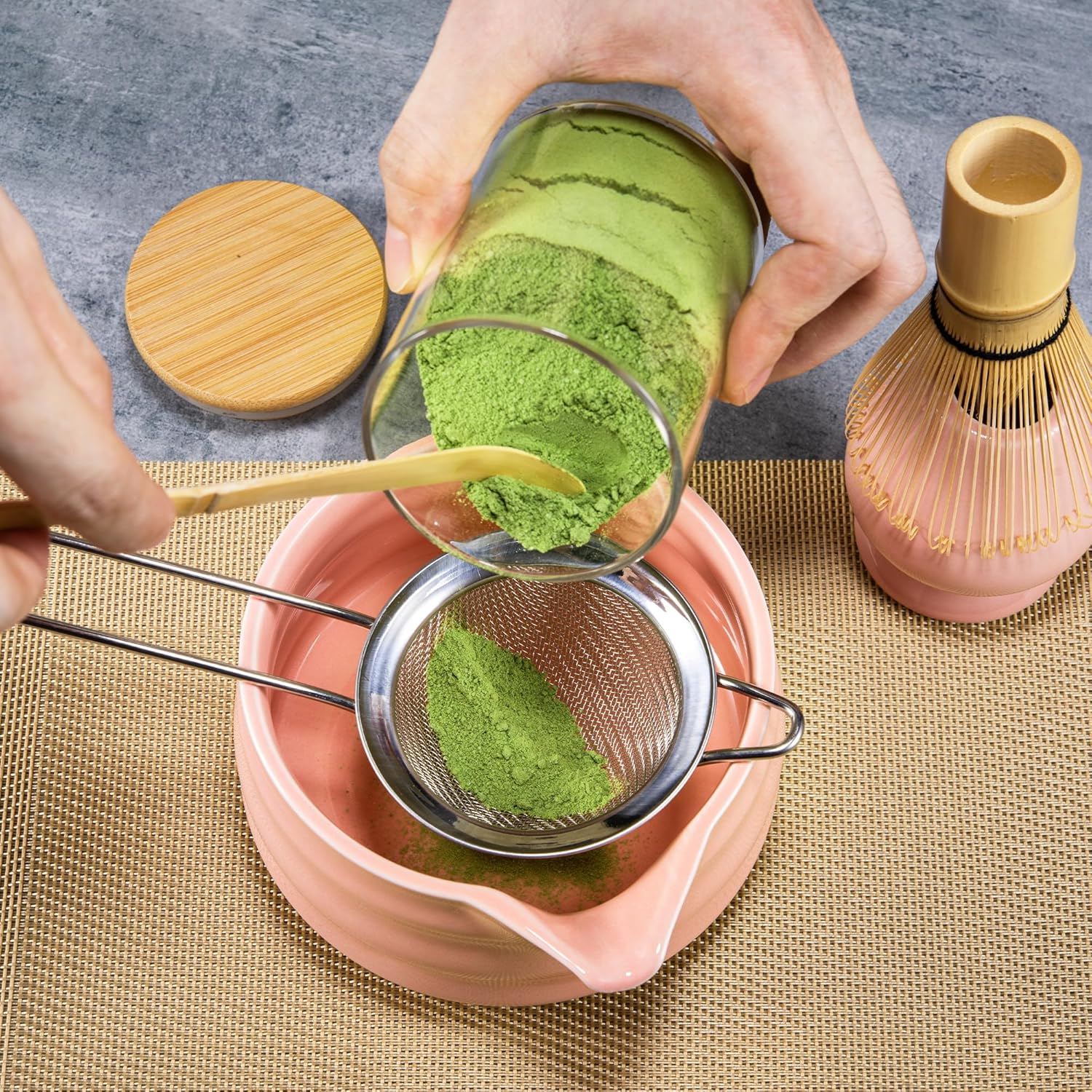 Marce Matcha Whisk Set- Matcha Set includes Matcha Whisk and Bowl (Matcha Bowl with Spout), Matcha Sifter, Matcha Whisk Holder and Matcha Scoop- The Perfect Bamboo Whisk for Matcha Tea (Pink)