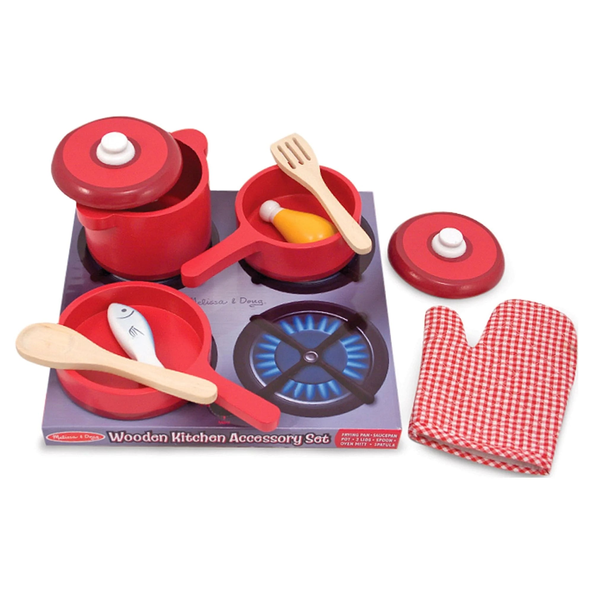 Melissa & Doug Deluxe Wooden Kitchen Accessory Play Set – Pots & Pans (8 pcs)