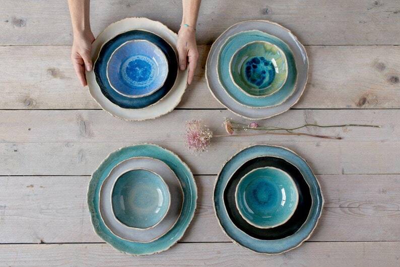 Handmade Ceramic Dinnerware Set for 4 – Stoneware Plates & Bowls, Dishwasher & Microwave Safe