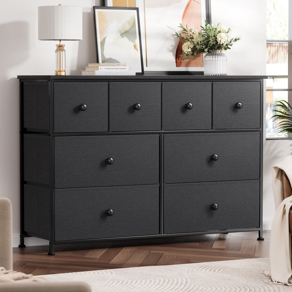 REAHOME 8 Drawer Dresser, Modern Bedroom Chest with Sturdy Steel Frame and Fabric Drawers, Dark Gray