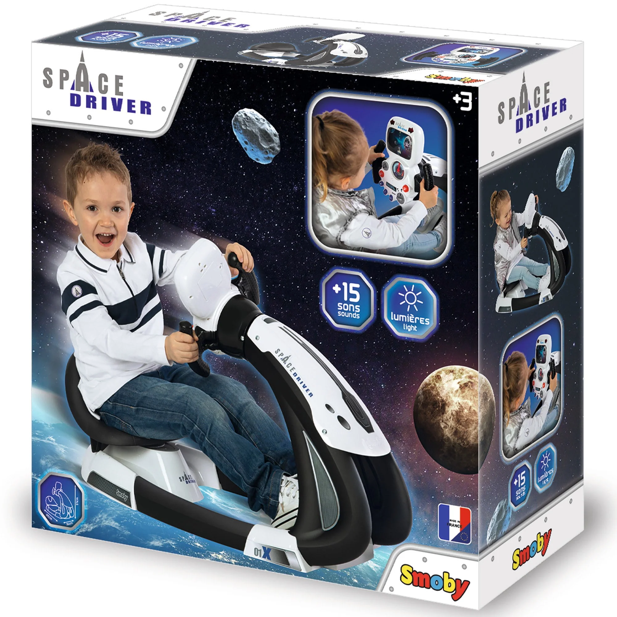 Smoby Space Drive- Children's Space Ship Simulator in Black W/ Electronic Steering Wheel & Backlit Screen, Ages 3+
