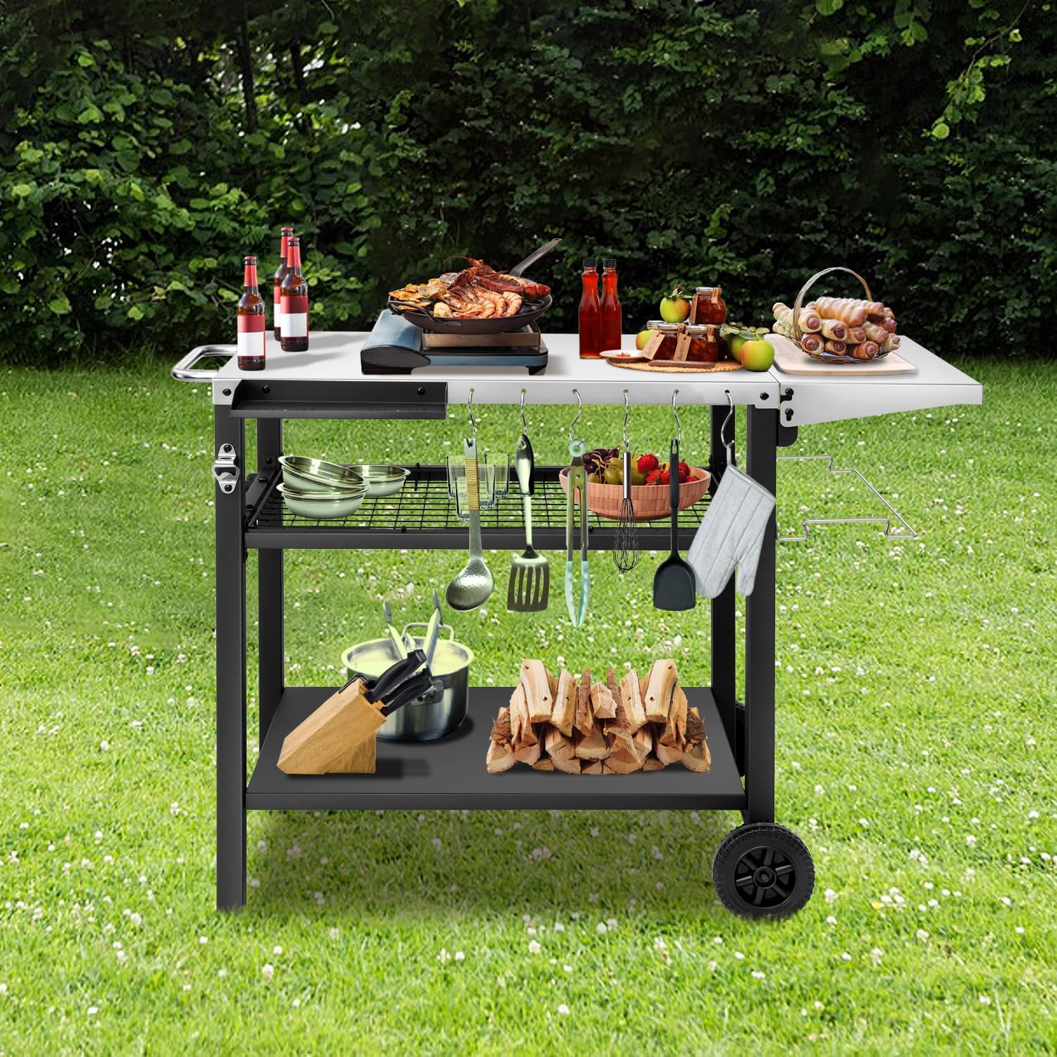 Outdoor Grill Cart Table Pizza Oven Stand, Stainless Steel Three-Shelf Food Prep Table with Wheels
