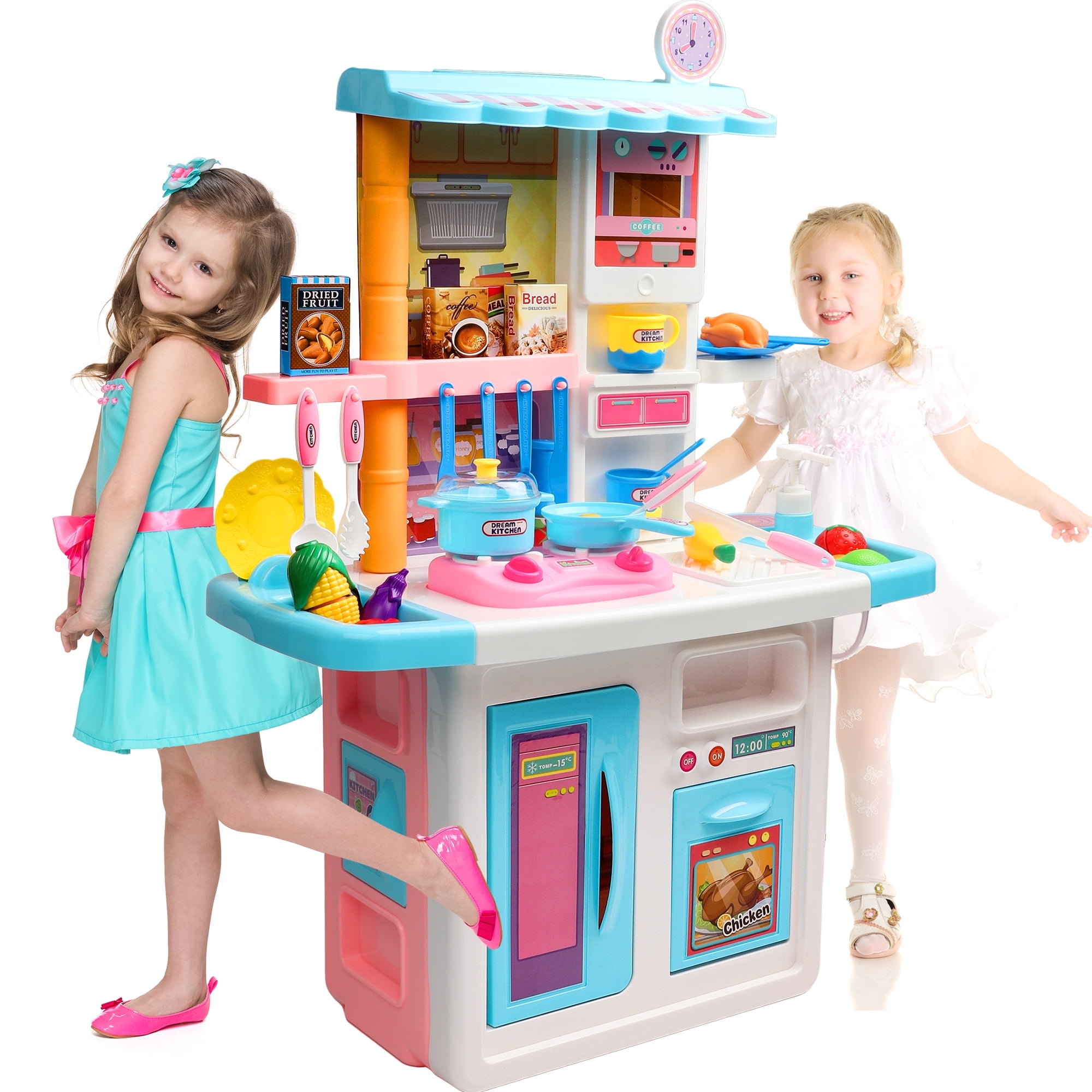 Beefunni 33 inch Blue Play Kitchen Girls Toy Pretend Food Sets - Kitchen Toys for Kids Ages 4-8, Kitchen Set for Toddlers 1-3, Play Kitchen Accessories Christmas Gifts Toys for Girls Boys 3+
