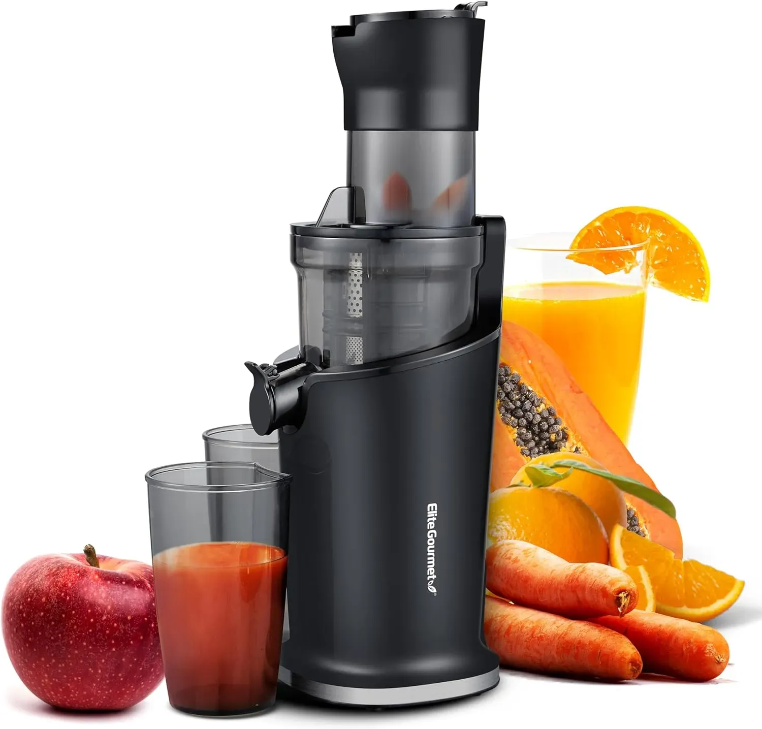 Elite Gourmet EJX320 Big Mouth Whole Fruit 5.2” Self-Feeding Chute, Cold Press Masticating Slow Juice Extractor，Black