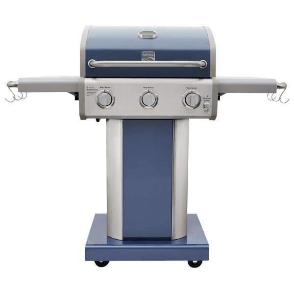 3-Burner Outdoor BBQ Propane Gas Grill with Foldable Sides, Azure Blue