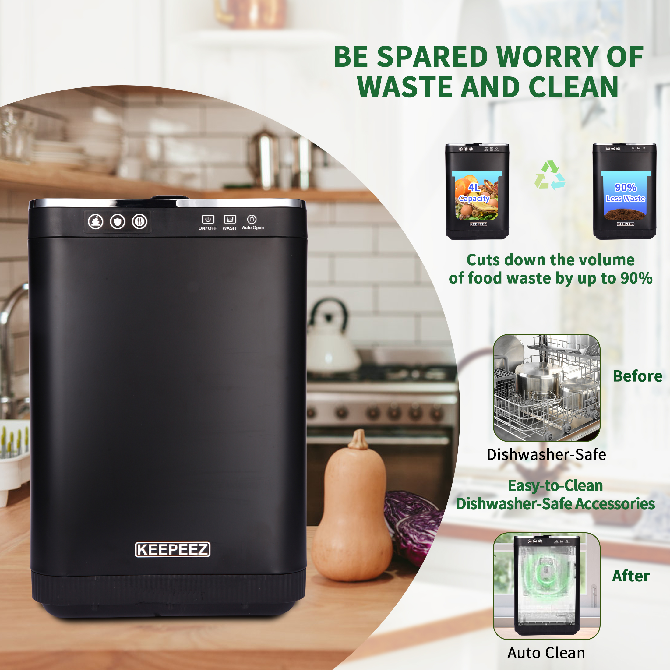 KBS 4L Large Capacity Odorless Quiet?Electric Composter for Kitchen,Turn Food Waste to Fertilizer for Garden, Food Waste Compost Machine