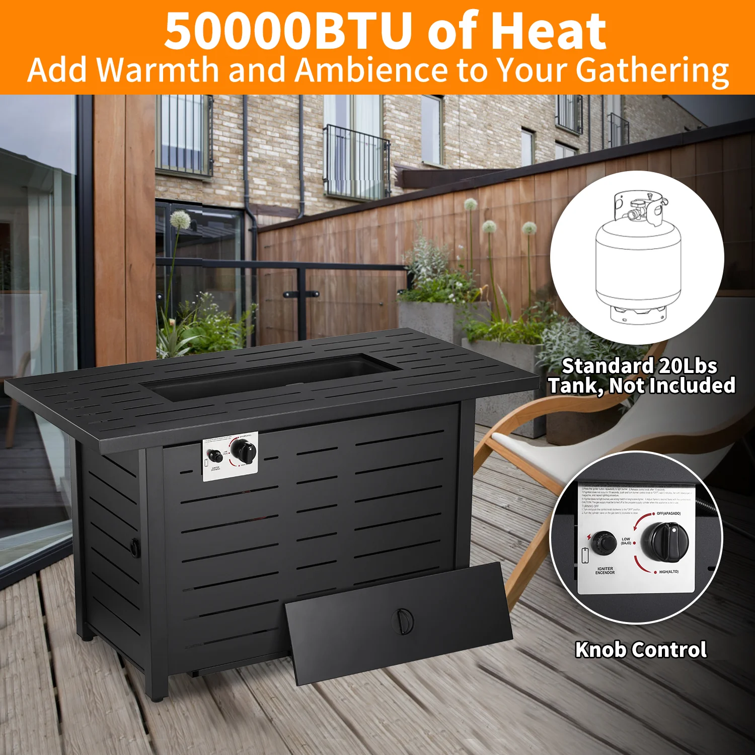 R.W.FLAME 43 Inch Outdoor Propane Gas Fire Pit Table, 2 in 1 with Glass Cover