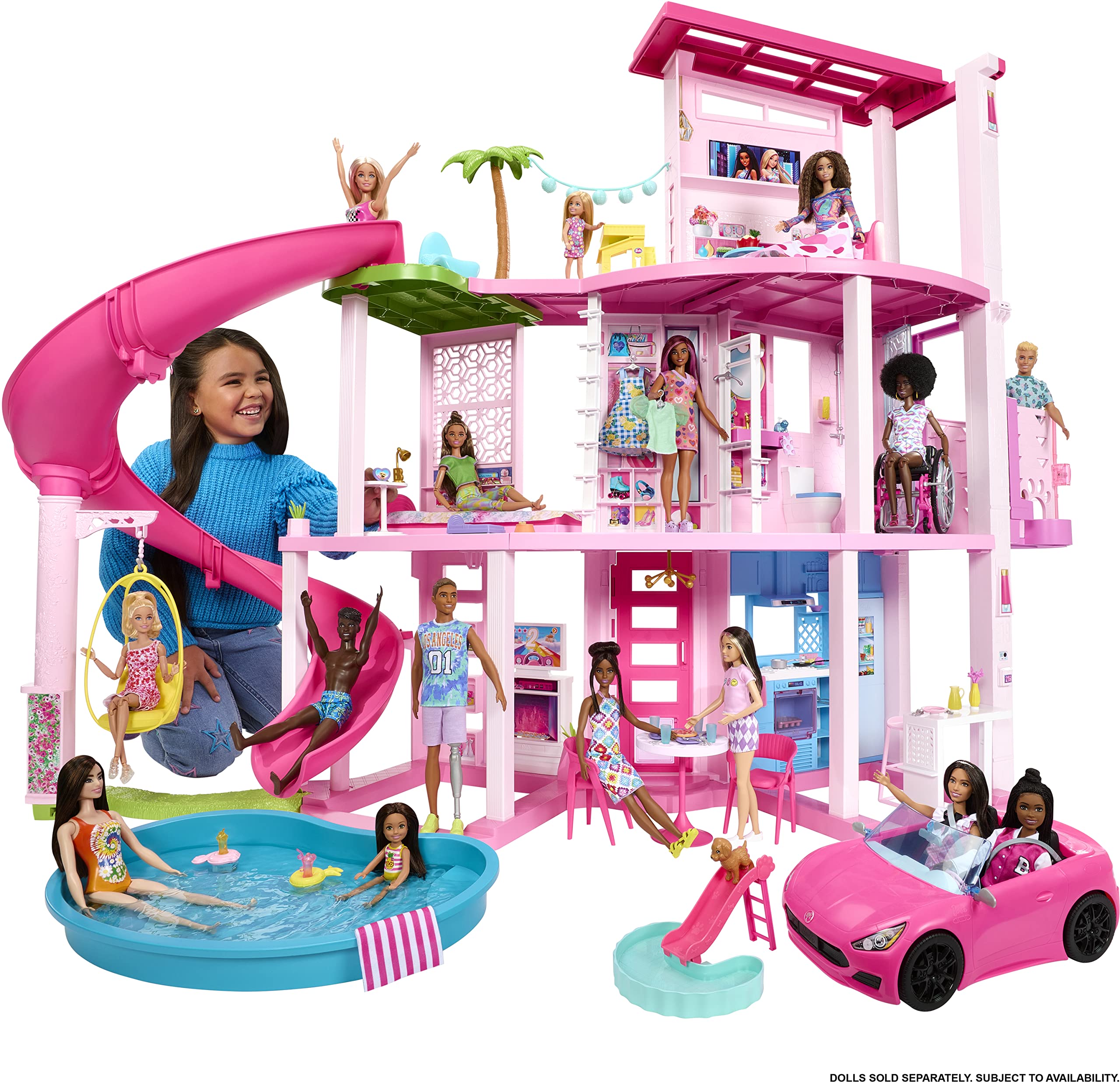 Barbie Dreamhouse Pool Party Doll House with 75+ pc, 3 Story Slide, Fits 12 Inch Dolls