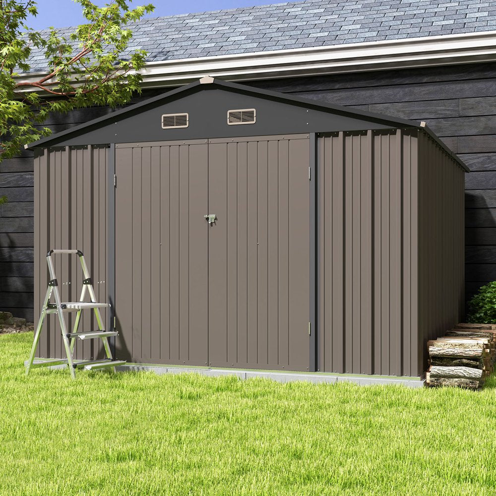 Patiowell 10×10 ft Metal Outdoor Storage Shed, Sloping Roof, Double Lockable Doors, Coffee Brown