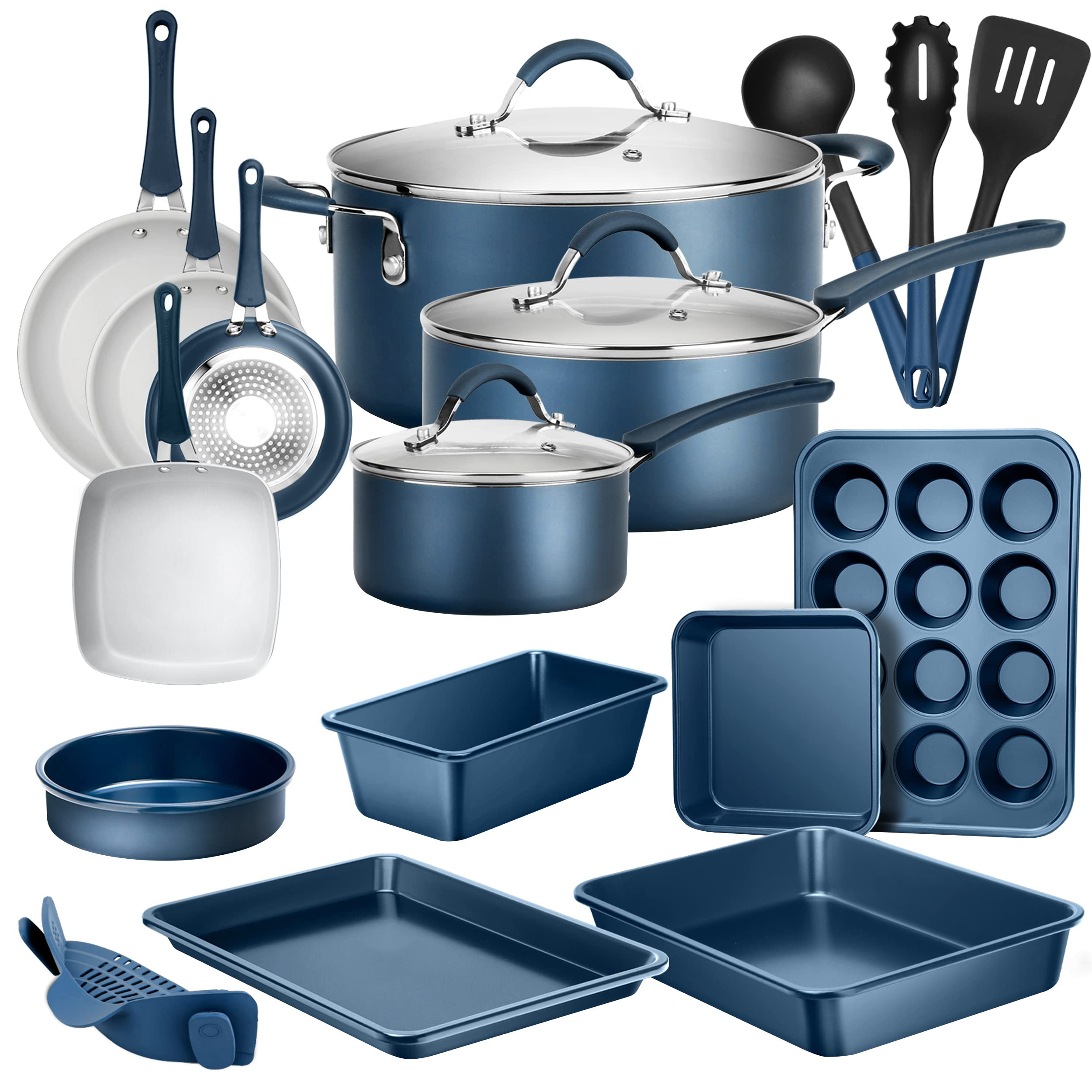 Navy 20-Piece Nonstick Cookware & Bakeware Set with Utensils – PTFE/PFOA/PFOS-Free, Induction Ready