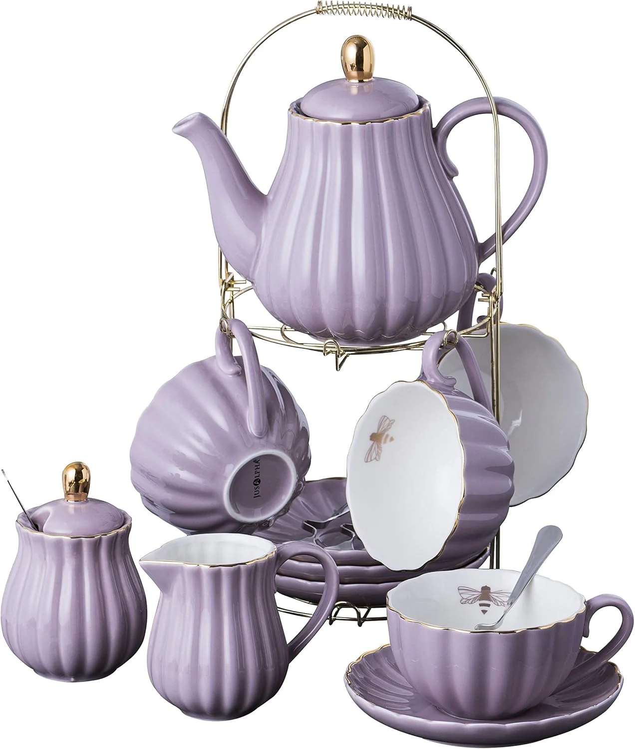 Jusalpha Serve for 6- Fine China Pink Coffee Cup/Teacup Set, 8 OZ Cups& Saucer, with Teapot-Sugar Bowl-Cream Pitcher Teaspoons and tea strainer for Tea/Coffee (Lavender, Serve of 6)