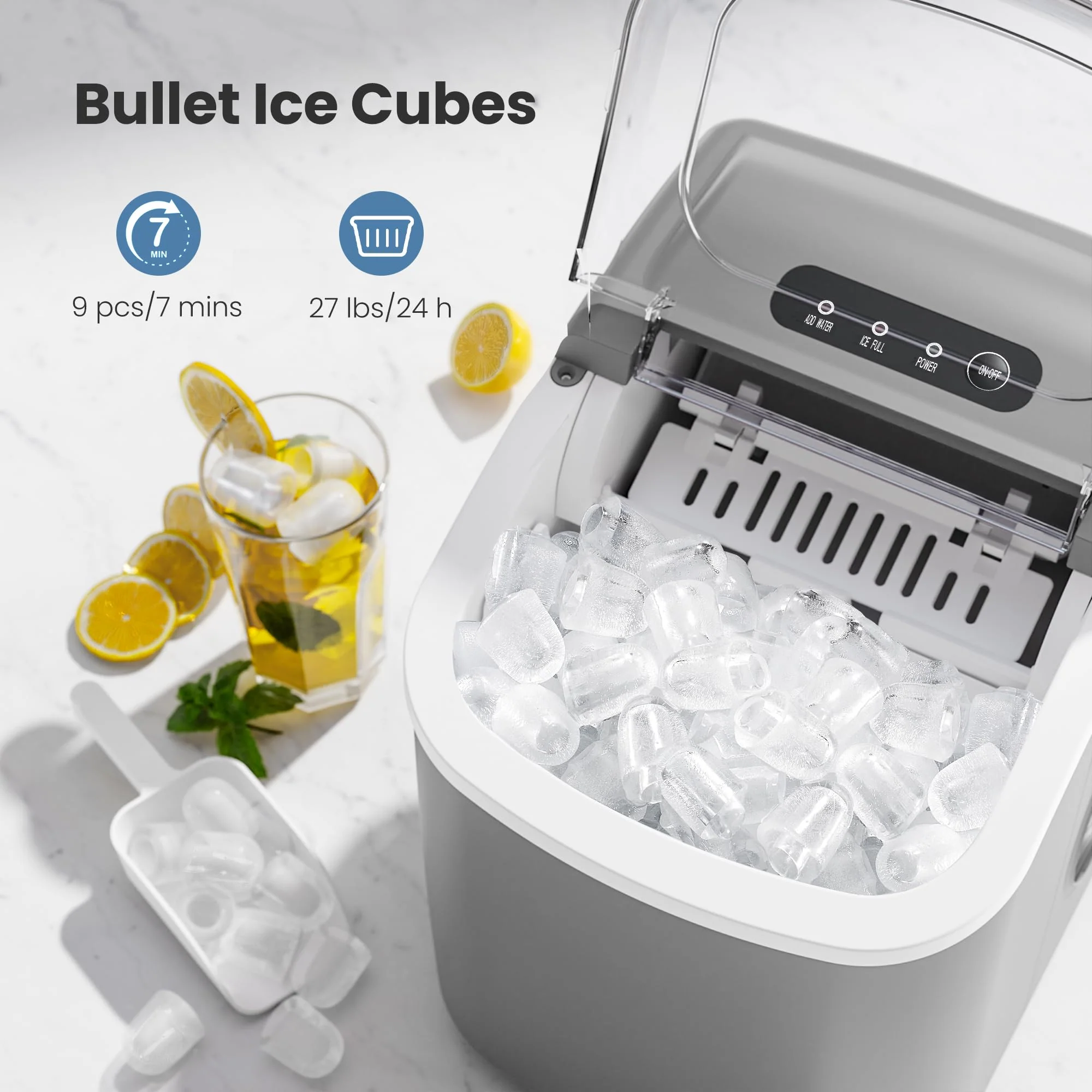 Crzoe Countertop Ice Maker Machine with Handle, 9 Bullet-Shaped Ice Cubes Ready in 6 Mins, 26Lbs/24H, Self-Cleaning Function with Ice Scoop and Basket for Home/Kitchen/Party (Grey)