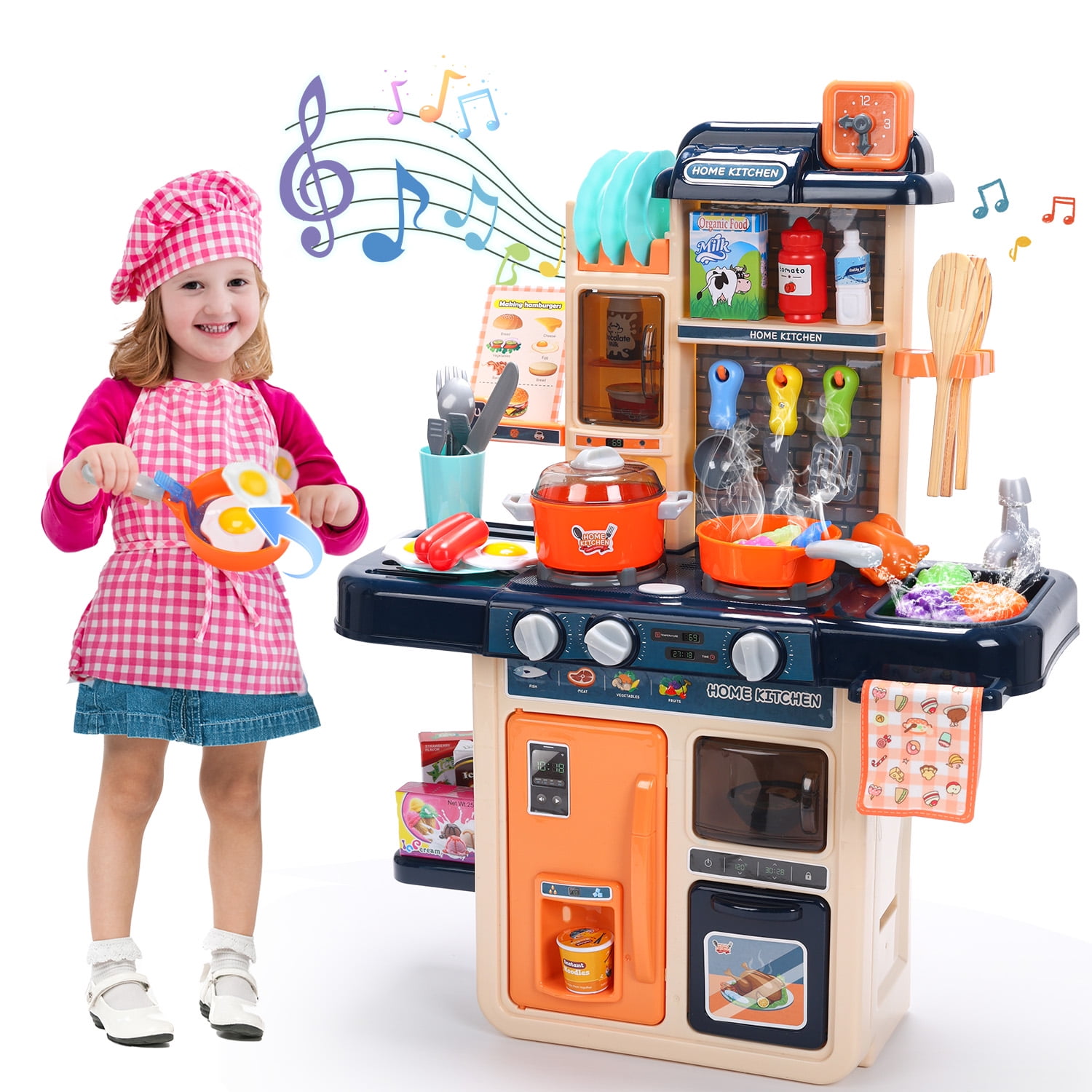 JoyStone 42PCS Kids Kitchen Playset,Play Kitchen Toy with Realistic Lights & Sounds,Pretend Steam,Play Sink & Oven,Color Changing Play Food & Other Kitchen Accessories Set for Toddlers,Blue