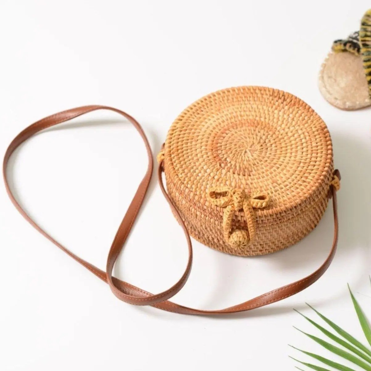 Woven Straw Bag Rattan Purse Crossbody Round Wicker Circle Hand Woven