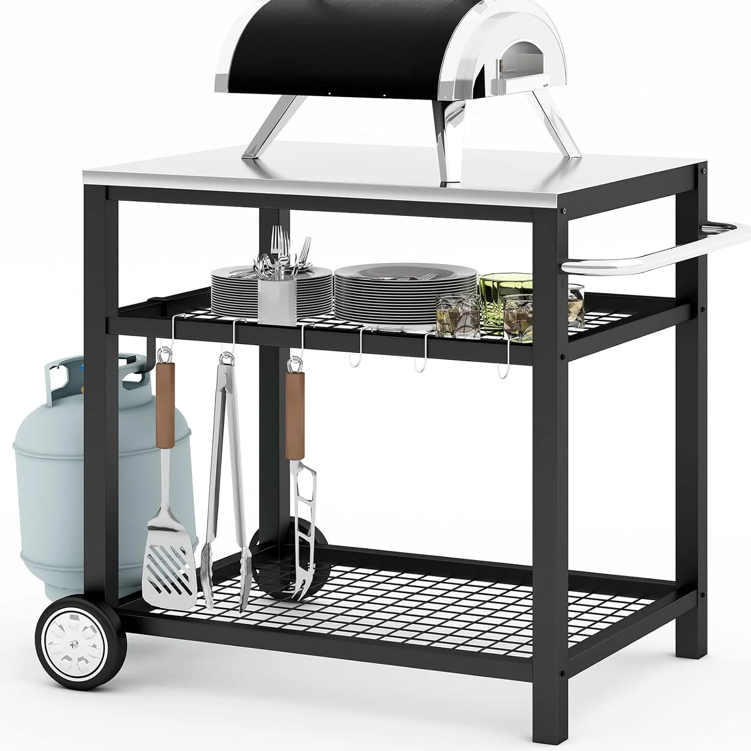 Stainless Steel Grill Cart, Movable Food Prep Table with Wheels and Handle - Heavy Duty Outdoor Cart