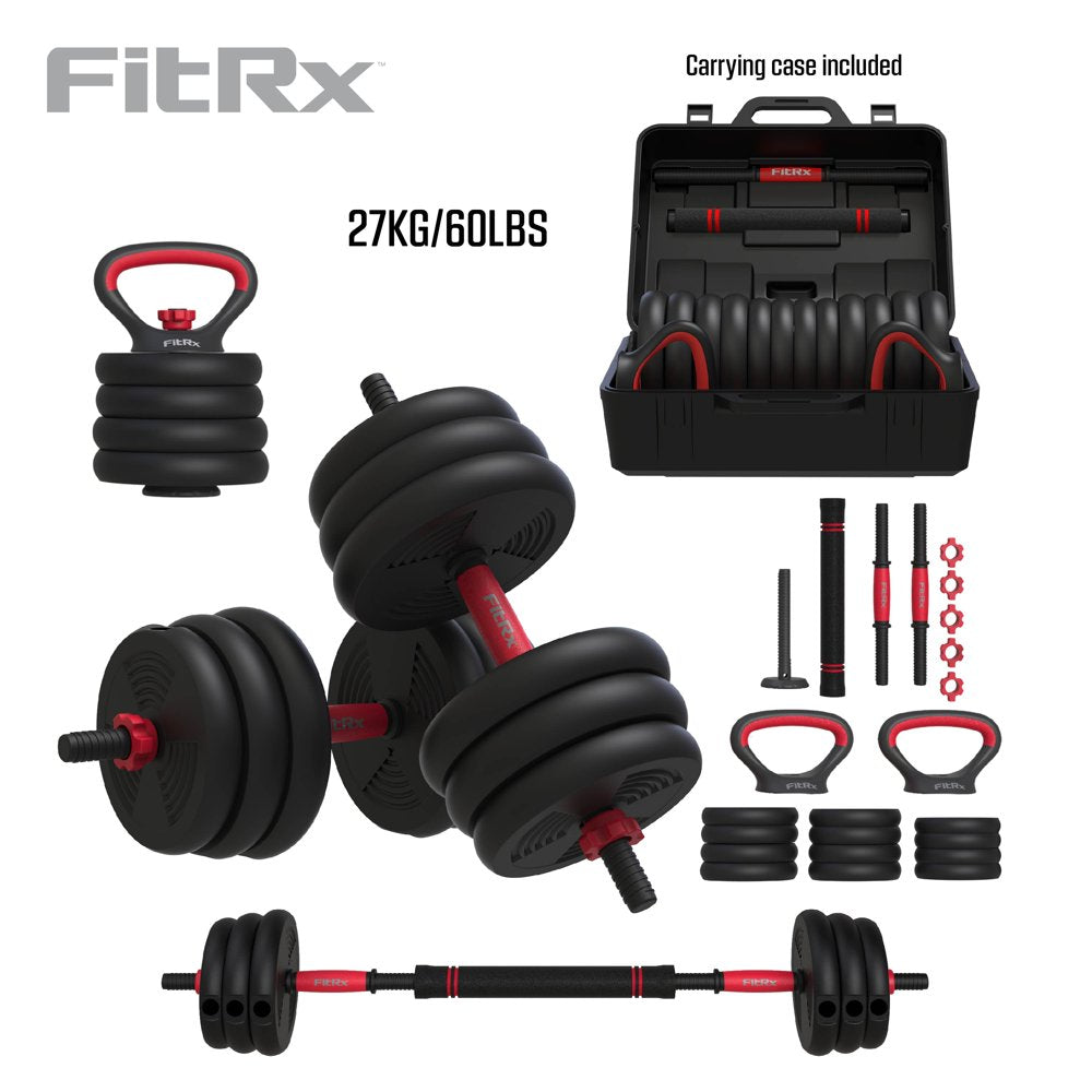 FitRx Smart Bell Gym 4-in-1 Adjustable Weights Set, 60Lb – Barbell, Kettlebell, Dumbbells, Push-Up Handles for Home Gym