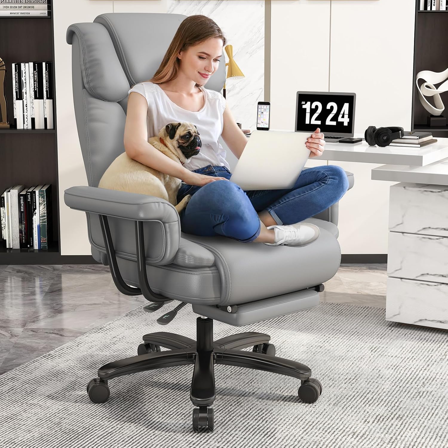 GYI Big and Tall Office Chair 400LBS with Wide Seat and Arms, 160° Reclining Office Chair with Footrest, Comfortable Executive Office Desk Chair High Back, Computer Chair Home Office (White)