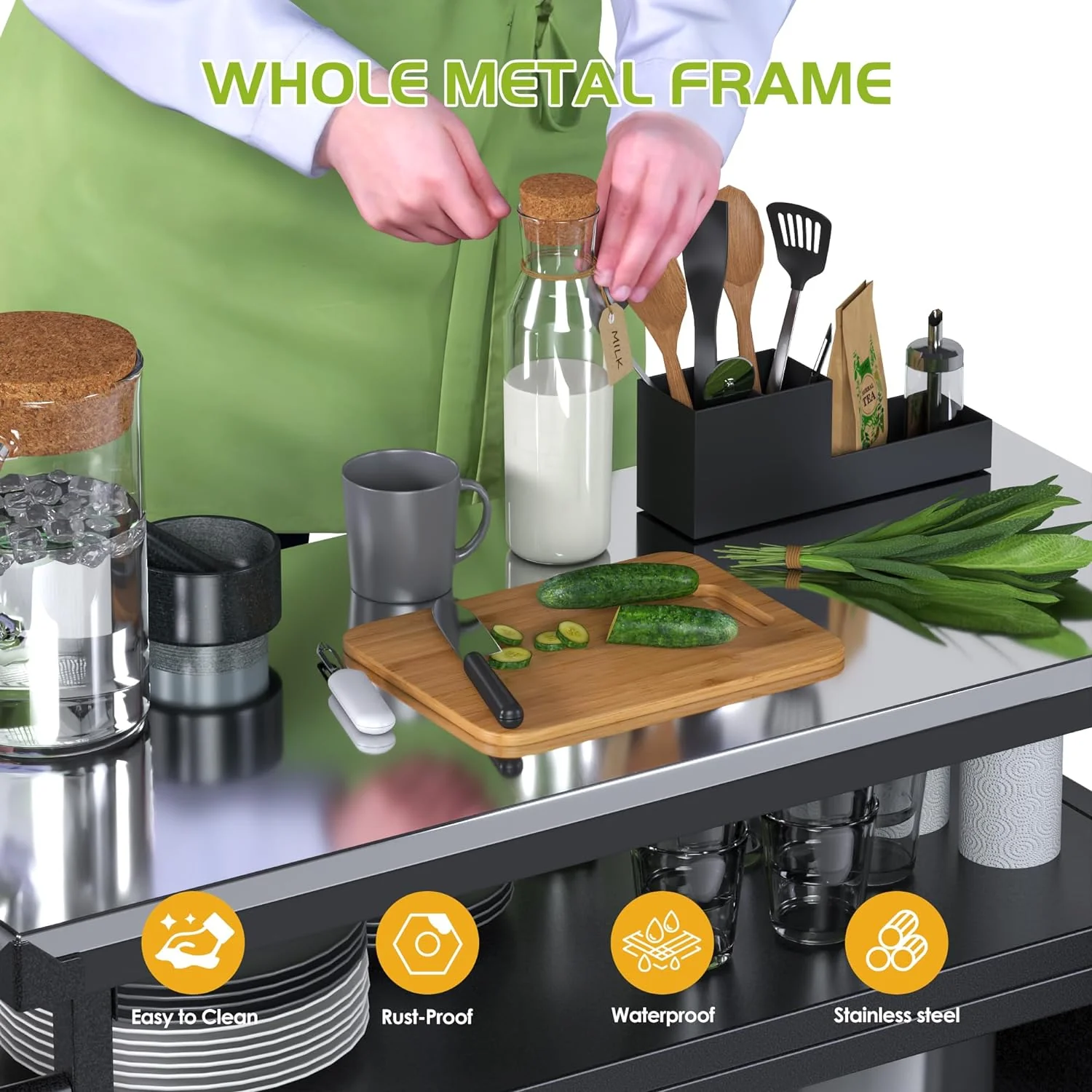 Outdoor Grill Cart with Stainless Steel Top and Storage, Black