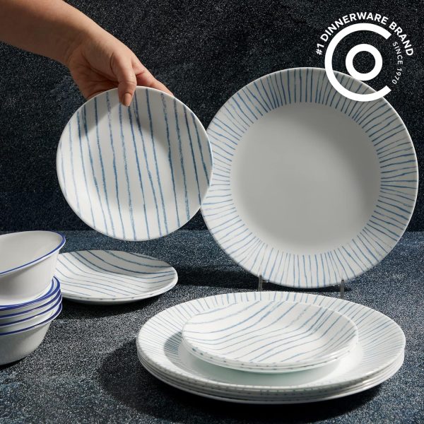18-Piece Dinnerware Set, Service for 6, Lightweight Round Plates and Bowls Set, Vitrelle Triple Layer Glass, Chip Resistant, Microwave and Dishwasher Safe, Nautical Stripes