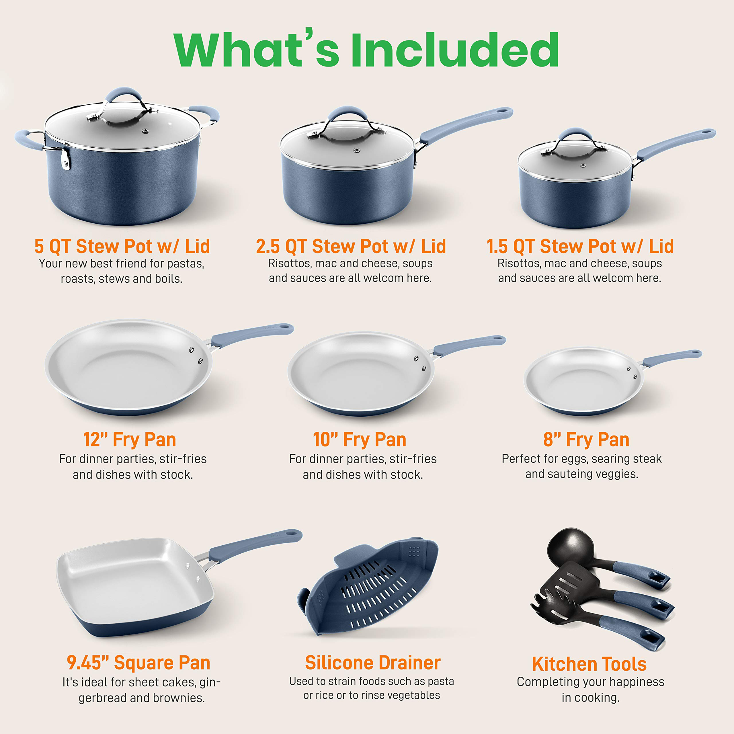 Navy 20-Piece Nonstick Cookware & Bakeware Set with Utensils – PTFE/PFOA/PFOS-Free, Induction Ready