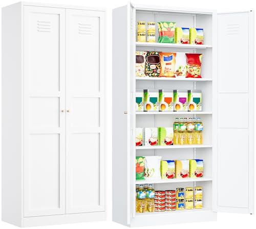 Pantry Cabinet,White Pantry Storage Cabinet,Metal Storage Cabinet with Doors and Shelves,Ventilated Tall Cupboard,Pantries,71