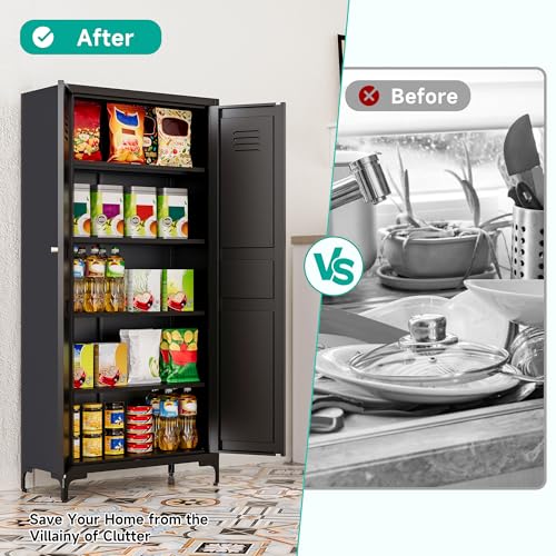 Metal Storage Cabinet with Doors and Shelves,Metal Pantry Cabinet,Black Craft Storage Cabinet,Ventilated Pantry Storage Cabinet,Tall Large Closet Cupboard for Home,Kitchen,Dining/Living/Laundry Room