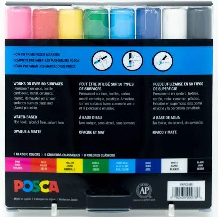 Uni Posca Paint Markers - Basic Colors, Set of 8, Medium Tip, 2.5 mm