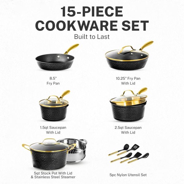 15 Pc Ceramic Pots and Pans Set Non Stick, Kitchen Cookware Sets, Pot and Pan Set, Ceramic Cookware Set, Non Stick Pots and Pan Set with Induction Cookware, Dishwasher Safe, Black