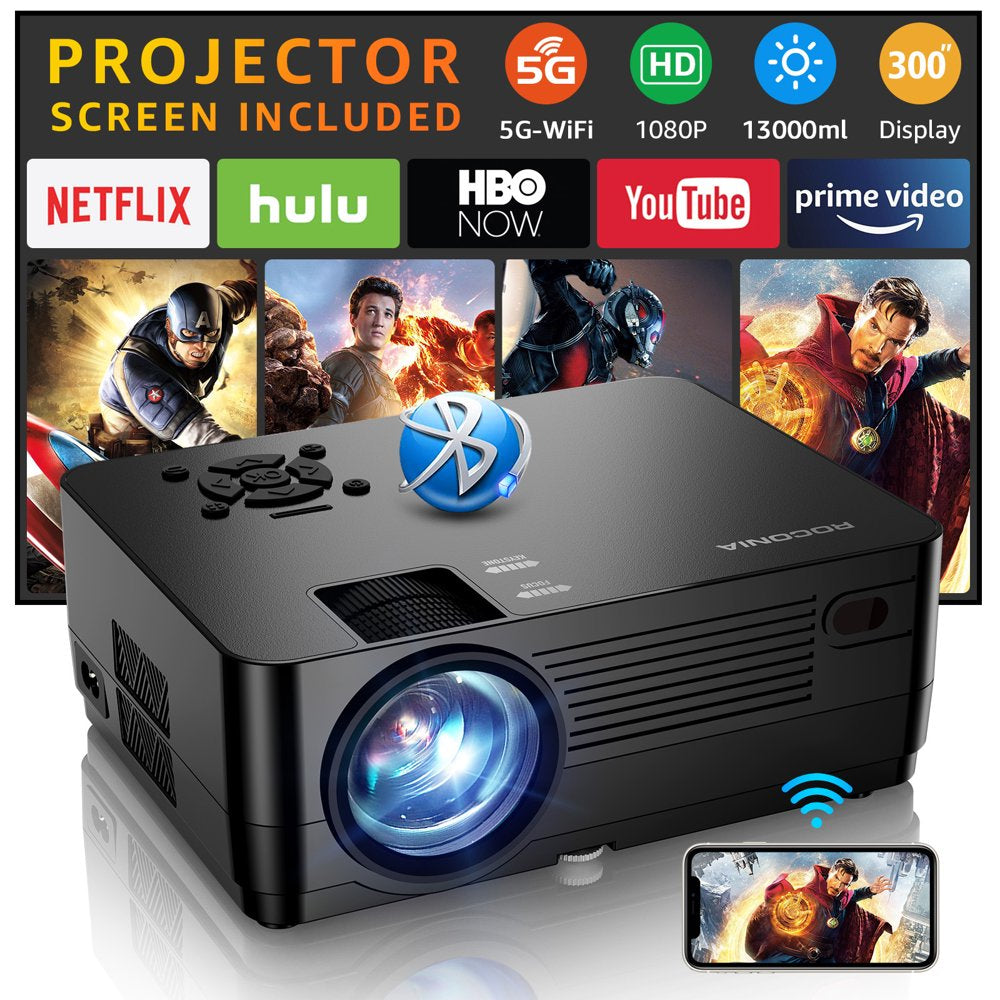 Roconia 1080P 5G WiFi Bluetooth Projector, 13000LM, 4K Support, 300′′ Display, Home Theater with Screen