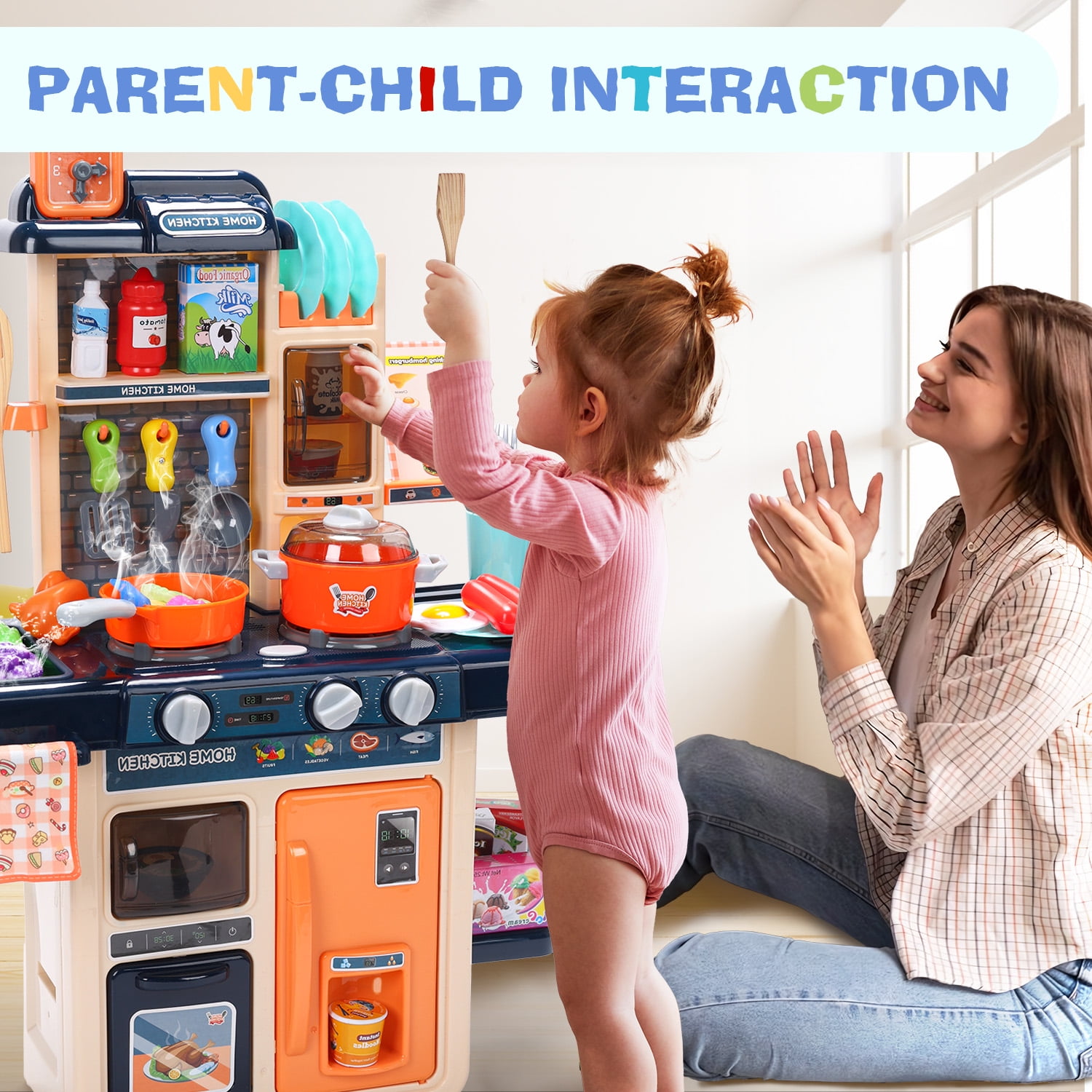 JoyStone 42PCS Kids Kitchen Playset,Play Kitchen Toy with Realistic Lights & Sounds,Pretend Steam,Play Sink & Oven,Color Changing Play Food & Other Kitchen Accessories Set for Toddlers,Blue