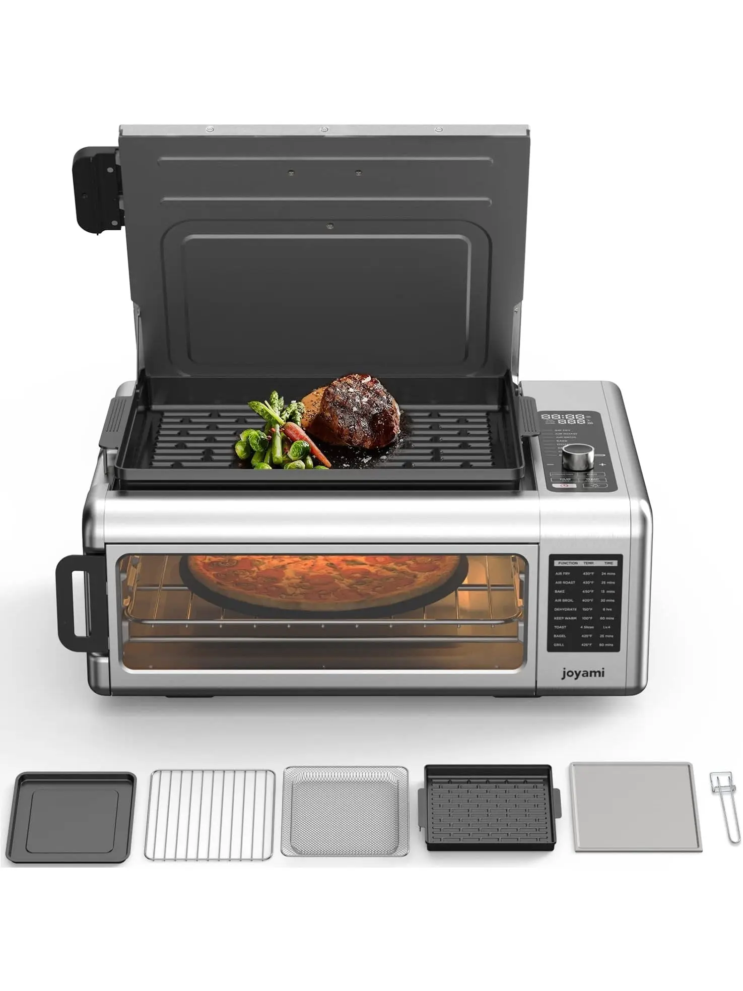 JOYAMI Air Fry Countertop Oven, 18QT Convection Oven and Indoor Grill Combo with See-Through Window for Air Fry, Bake, Dehydrate, Toast, 6 Nonstick Accessories, 1600W