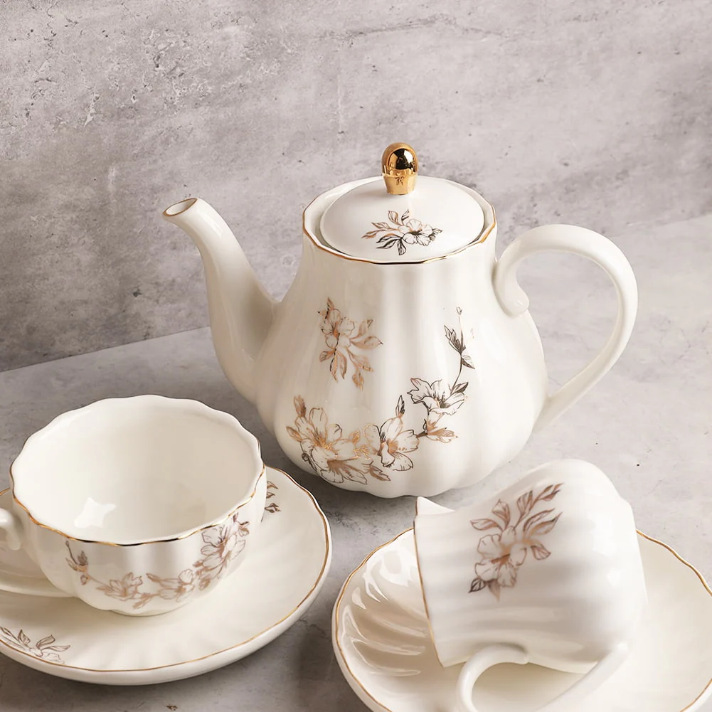 SWEEJAR Porcelain Tea Sets British Royal Series,Cups& Saucer with Teapot Sugar Bowl Cream Pitcher Teaspoons and Tea Strainer,Suitable for High Tea, Wedding, Party,Morning Glory Flower